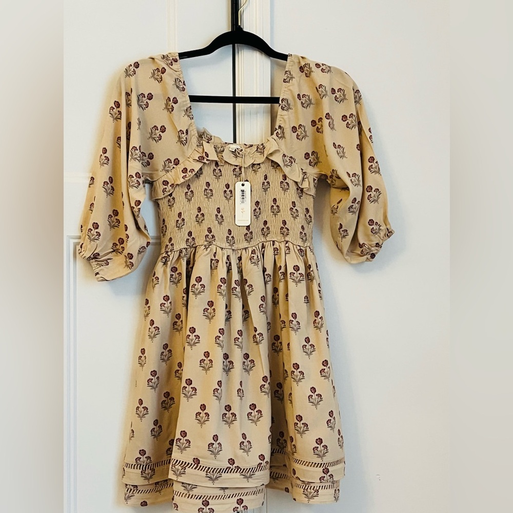 Noralee Floral Smocked Puff Sleeve Mini Dress in Beige